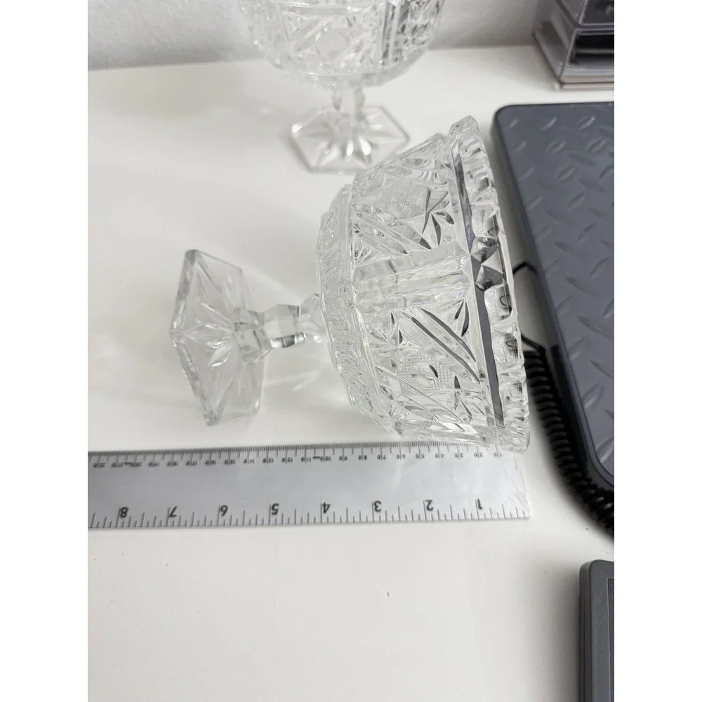 Vintage Pressed Glass Compote Bowls Set of 2 Starburst Diamond Cut Pedestal Dish